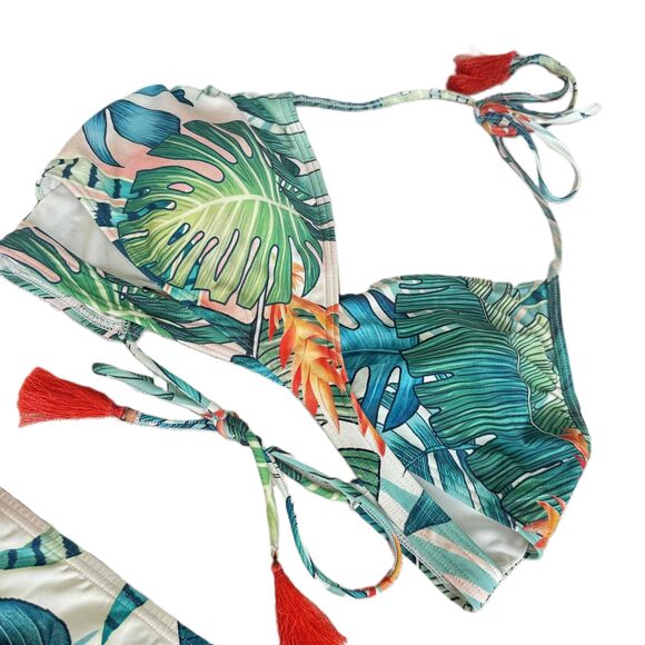 Vince Camuto Bikini Set Medium M Leaf Pattern Halter Tassel Tropical - Picture 4 of 12